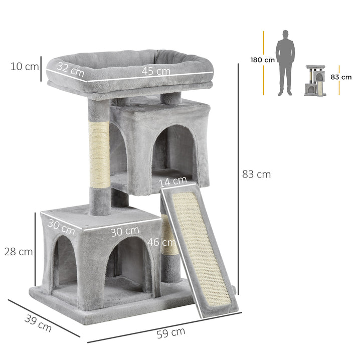 PawHut Feline Fortress: 3-Tier Cat Tower with Sisal Scratchers, Leisure Lounge in Light Grey | Aosom UK