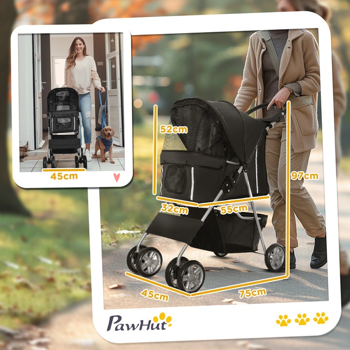 Pet Stroller for Small Miniature Dogs Cats Foldable Travel Carriage with Wheels Zipper Entry Cup Holder Storage Basket Black