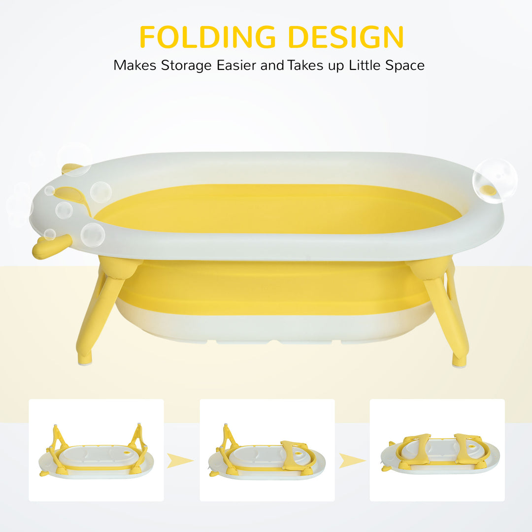 Foldable Baby Bathtub Set, Collapsible Bath Tub with Thermostatic Water Plug, Non-Slip Support, Cushion Pad, Drain Plugs, for Newborn to 3 Years - Yellow