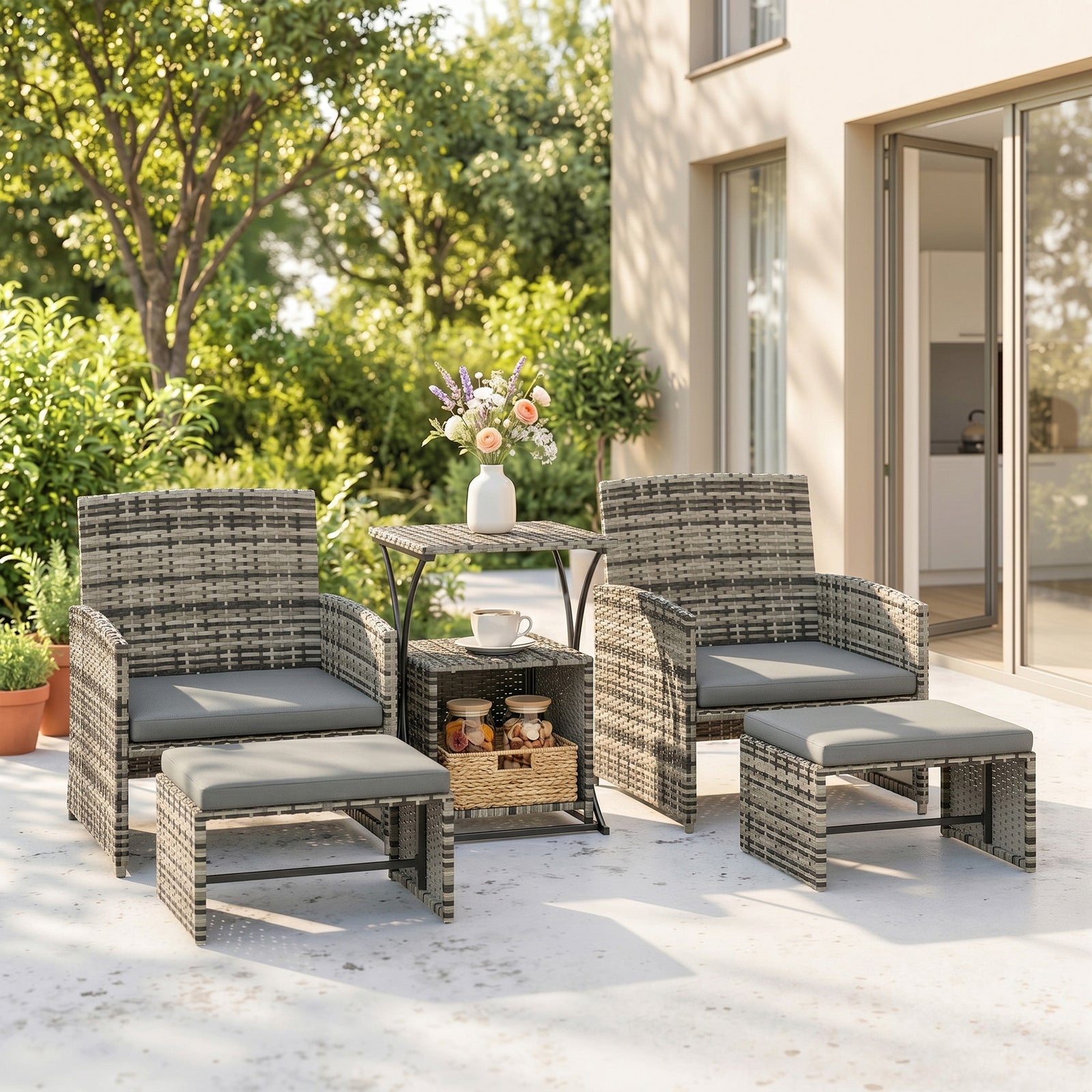 6 Piece Rattan Garden Furniture, Space-Saving Patio Furniture Set with