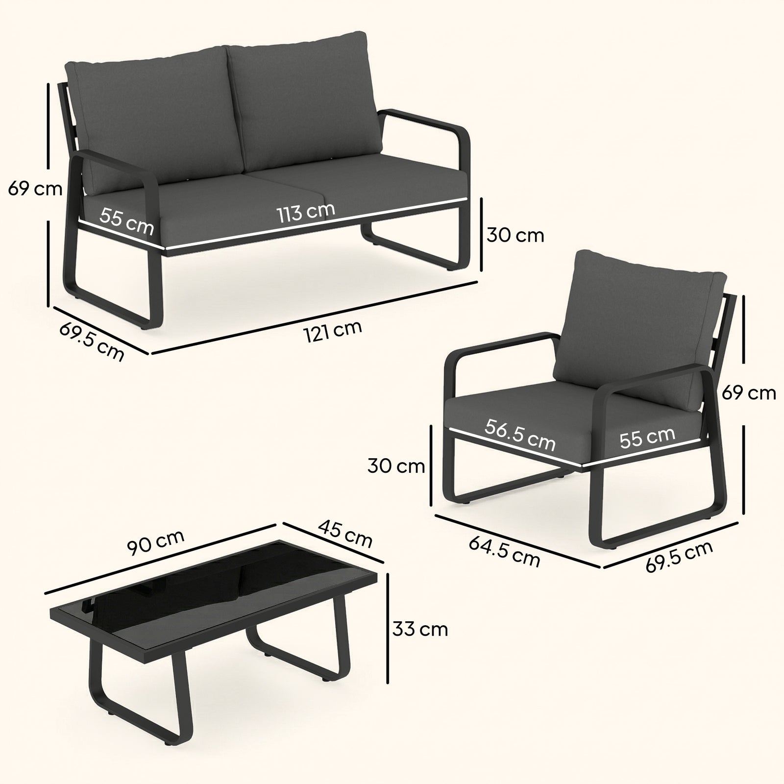 4 Piece Garden Furniture Set, Outdoor Sofa Set with Loveseat, 2 Armcha