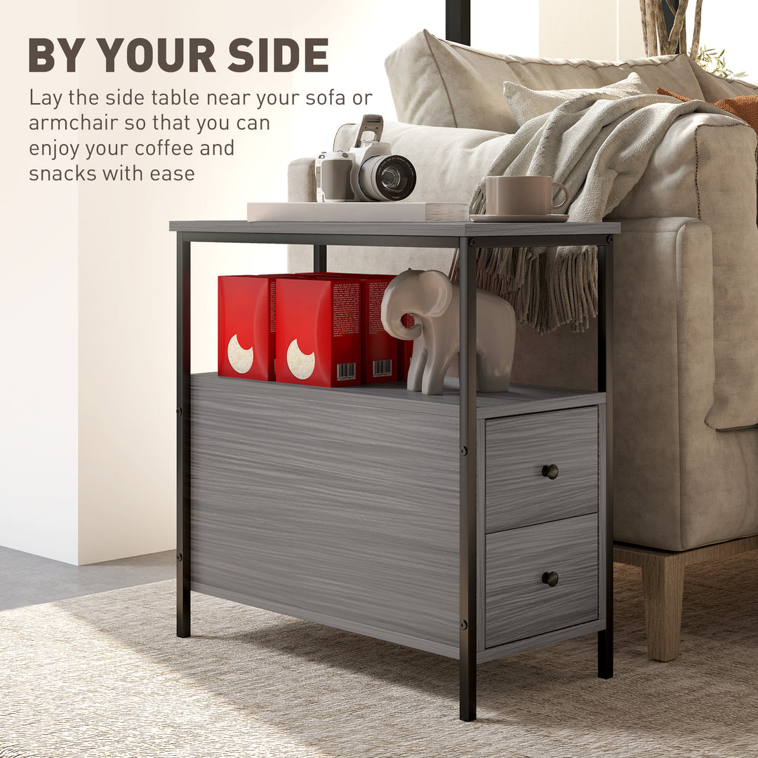 Side Table, Narrow Bedside Table with 2 Drawers and Storage Shelf, Industrial End Table with Metal Frame for Small Spaces, Grey Wood Grain