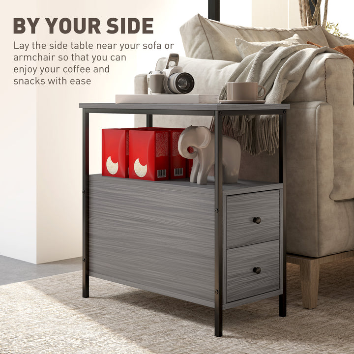 Side Table, Narrow Bedside Table with 2 Drawers and Storage Shelf, Industrial End Table with Metal Frame for Small Spaces, Grey Wood Grain