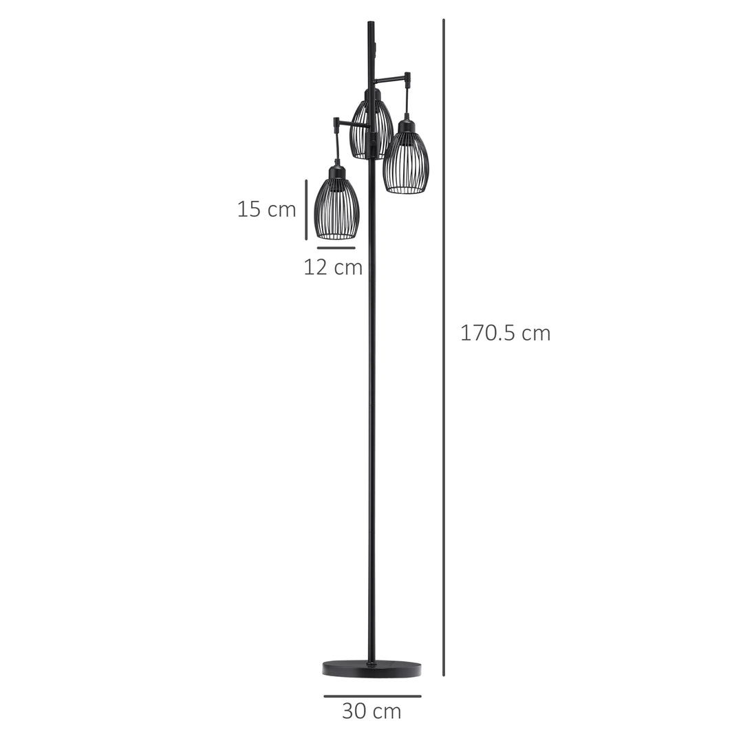 3-Light Floor Lamp, 170cm Industrial Dimmable Standing Lamp with Steel Wire Cage Lampshades for Living Room, Bedroom, Dining Room, Study, Black