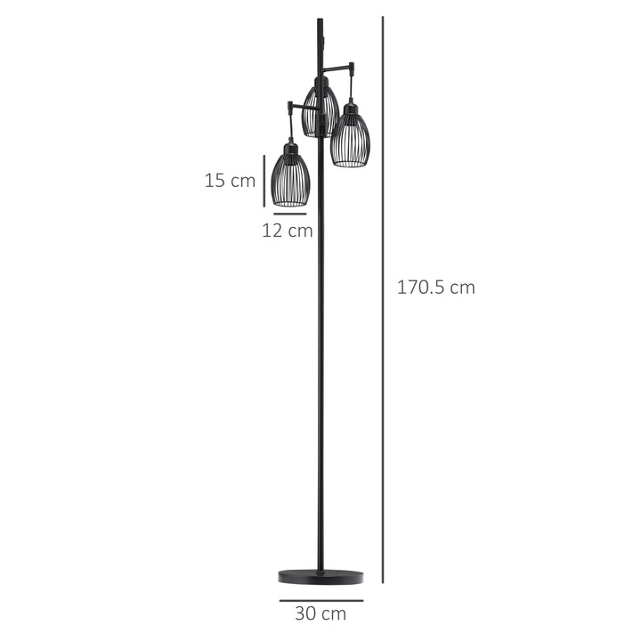 3-Light Floor Lamp, 170cm Industrial Dimmable Standing Lamp with Steel Wire Cage Lampshades for Living Room, Bedroom, Dining Room, Study, Black