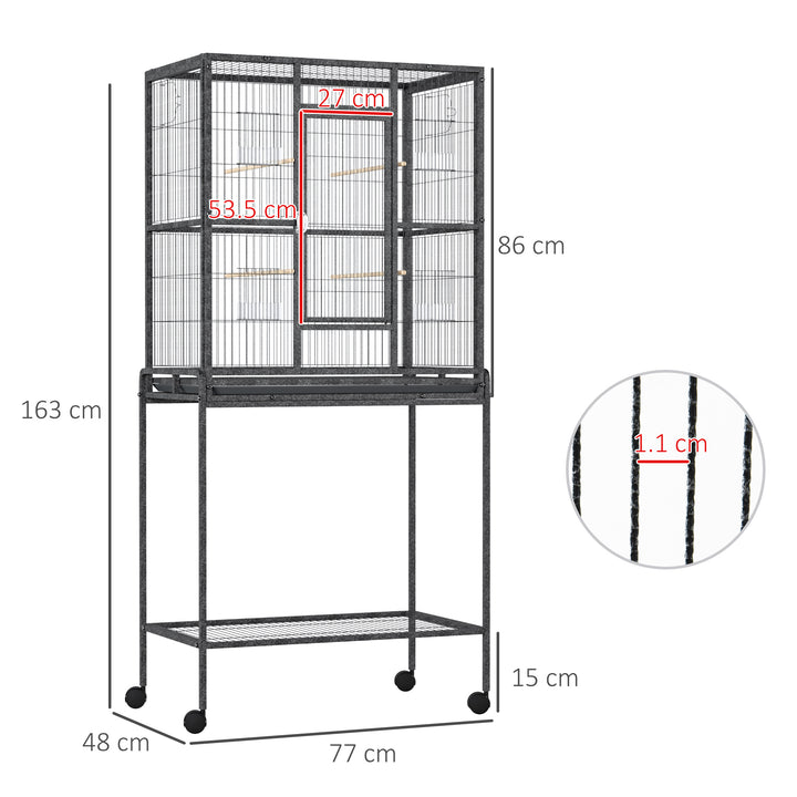 PawHut Avian Abode: Wheeled Metal Cage for Canaries & Parakeets, Wooden Perch, Feeder Tray, Jet Black | Aosom UK