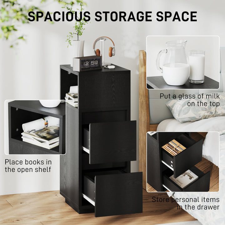 Slim Bedside Table, Narrow Bedside Cabinet with Open Shelf and 2 Drawers for Bedroom, Living Room