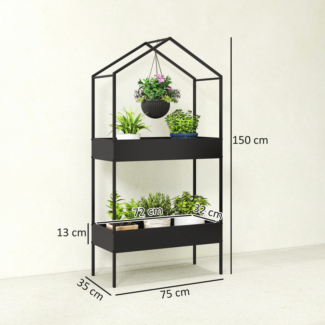 2 Tier Plant Stand, Outdoor Indoor Metal Plant Stand with Hook, House-