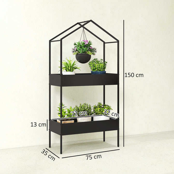 2 Tier Plant Stand, Outdoor Indoor Metal Plant Stand with Hook, House-