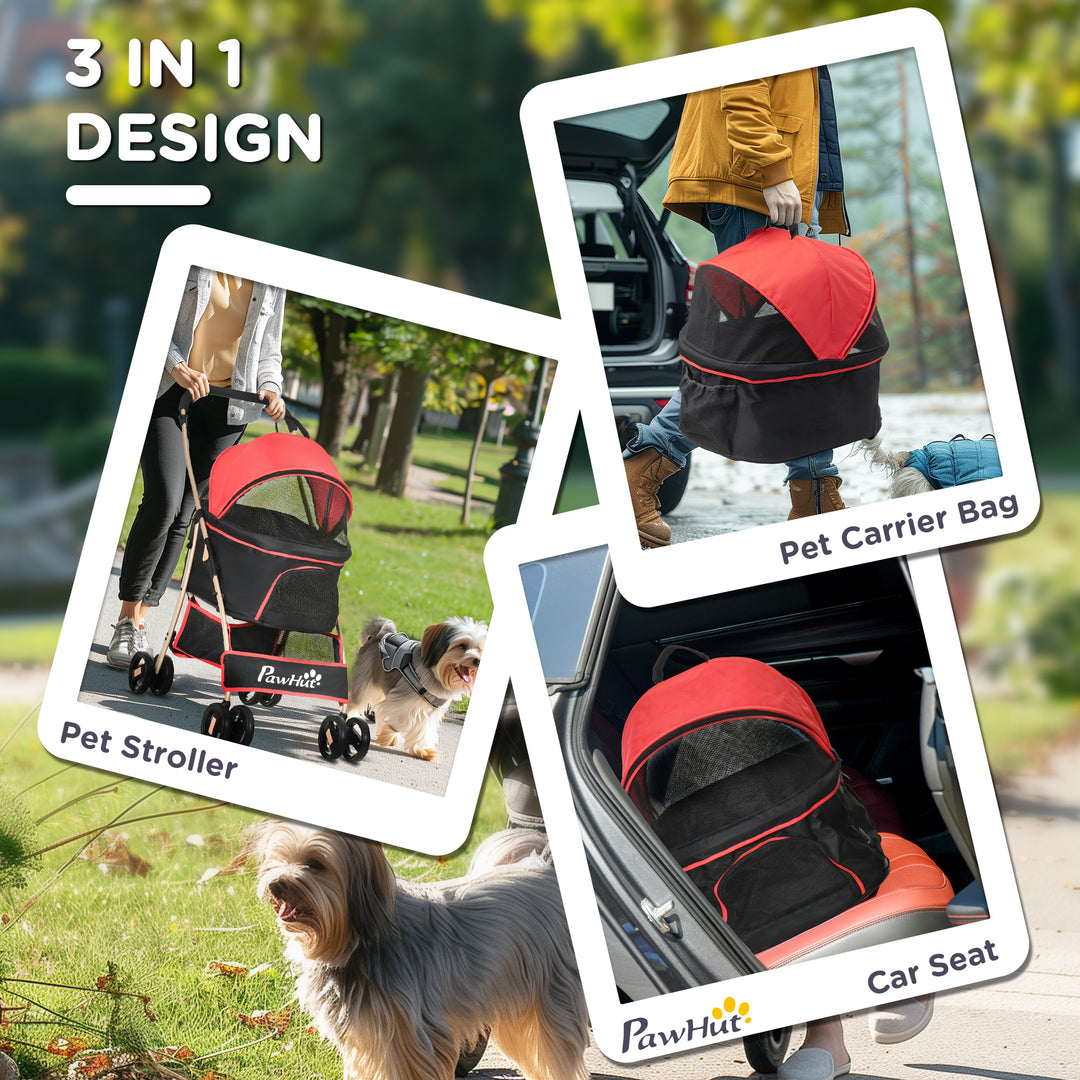 PawHut 3-In-1 Pet Stroller, Detachable Dog Pushchair with Universal Wheels, Brake & Canopy, Foldable Travel Bag for XS & S Pets, Red | Aosom UK