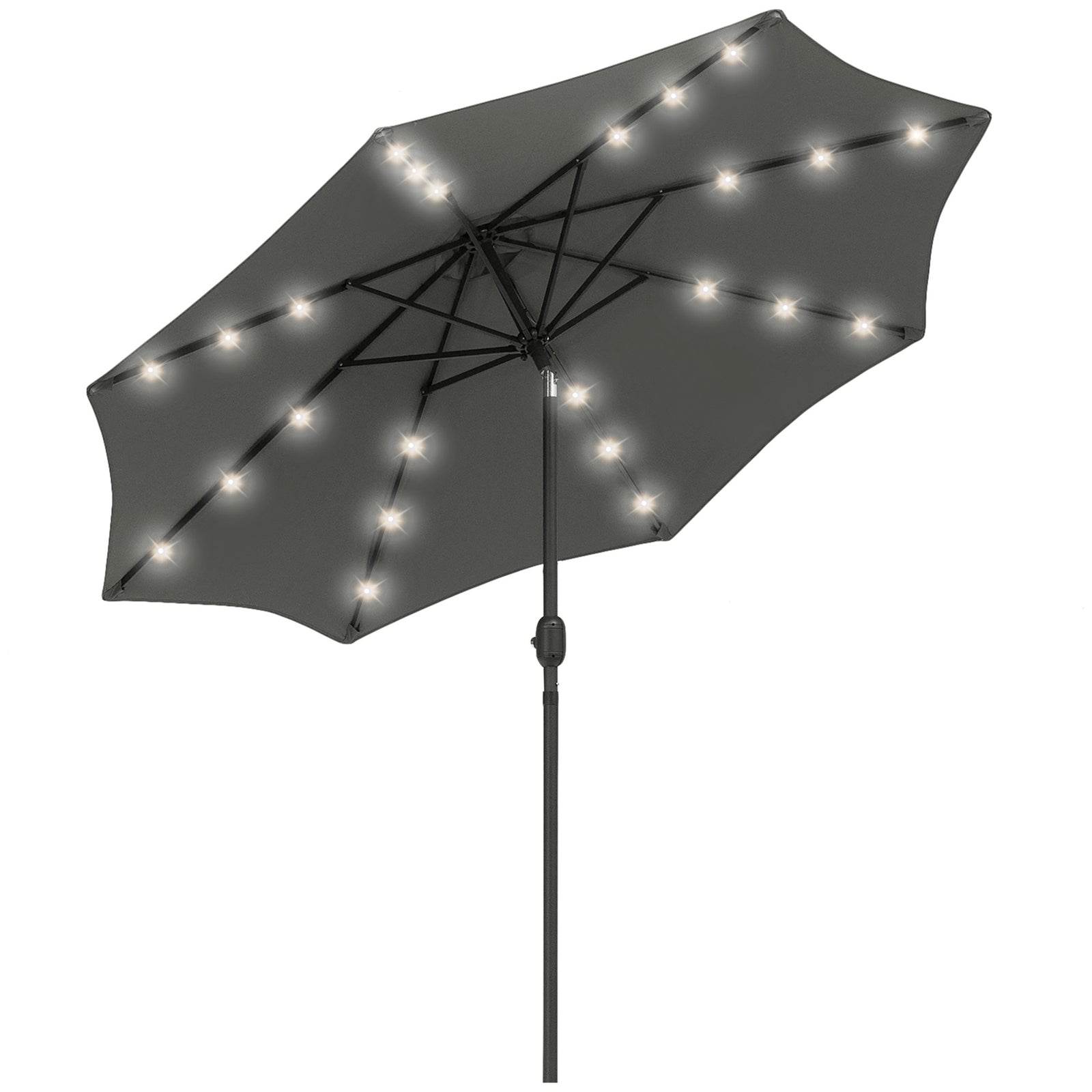 2.7m Patio Garden Umbrella Outdoor Parasol with Tilt Crank and 24 LEDs Lights (Grey)