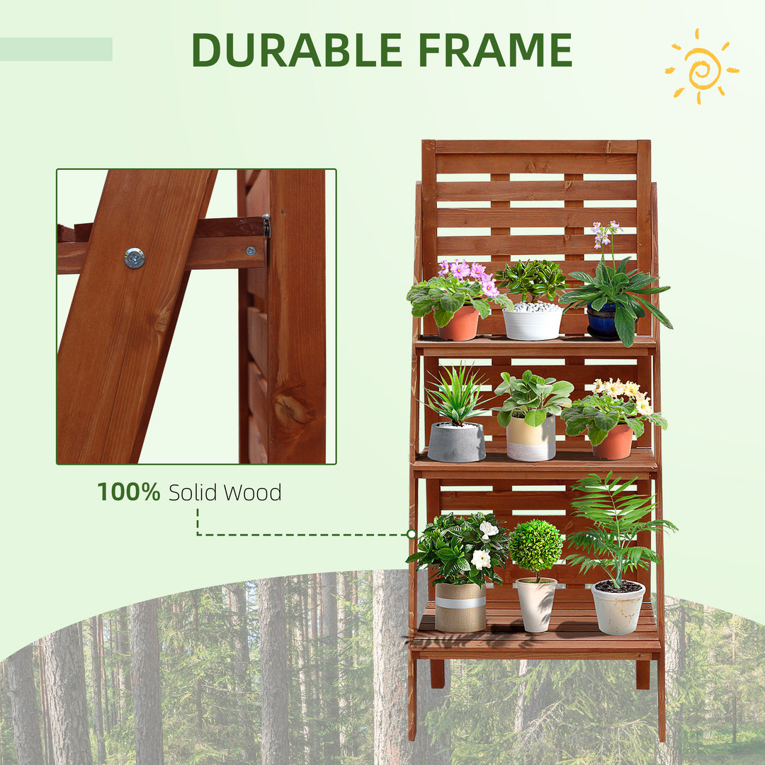 Outsunny Solid Wood Three-Tier Plant Rack Outdoor Organiser Unit Flower Herb Stand Ladder Design Storage Holder