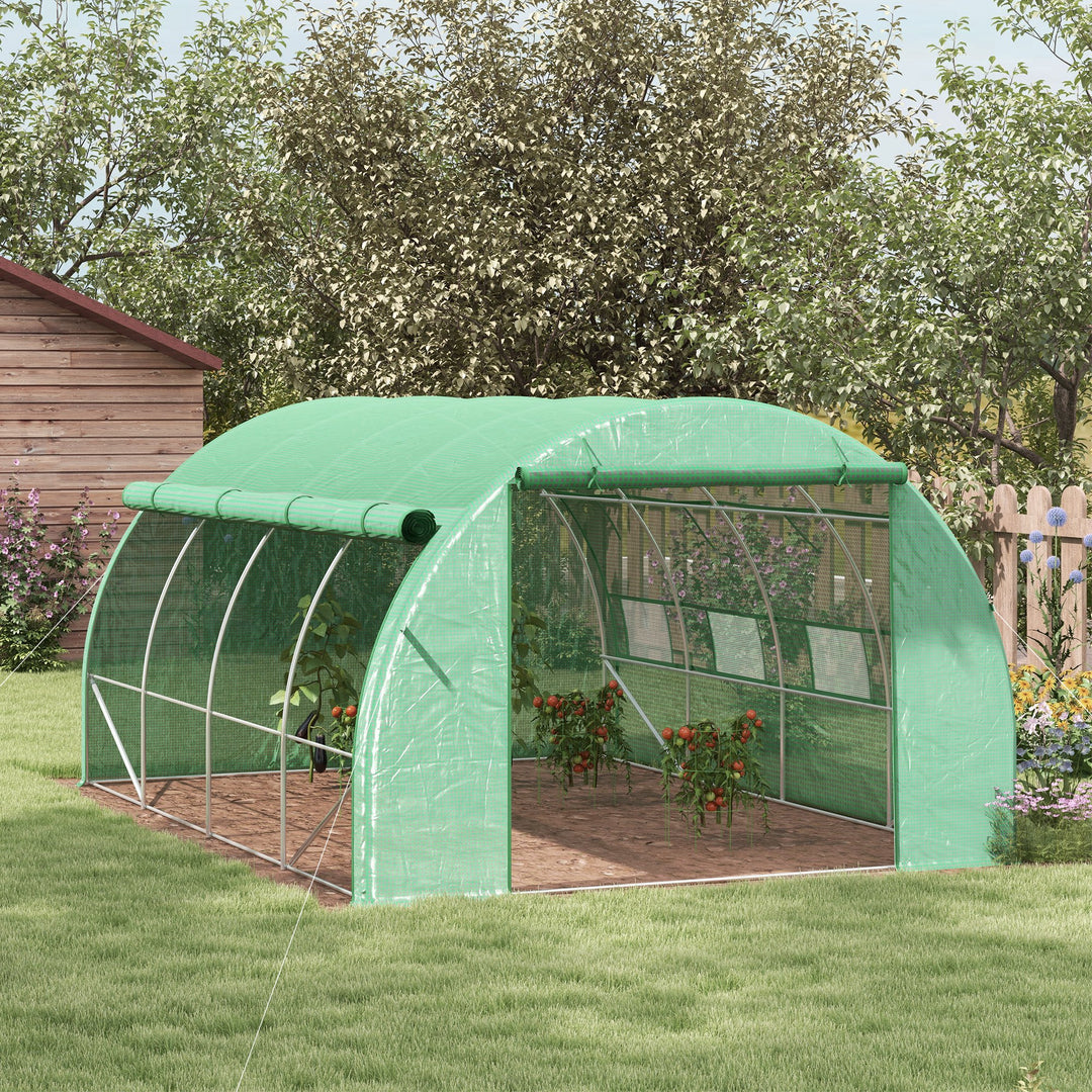 Outsunny Polytunnel Greenhouse Walk-in Grow House Tent with Roll-up Sidewalls, Zipped Door and 8 Windows, 4x3x2m Green | Aosom UK