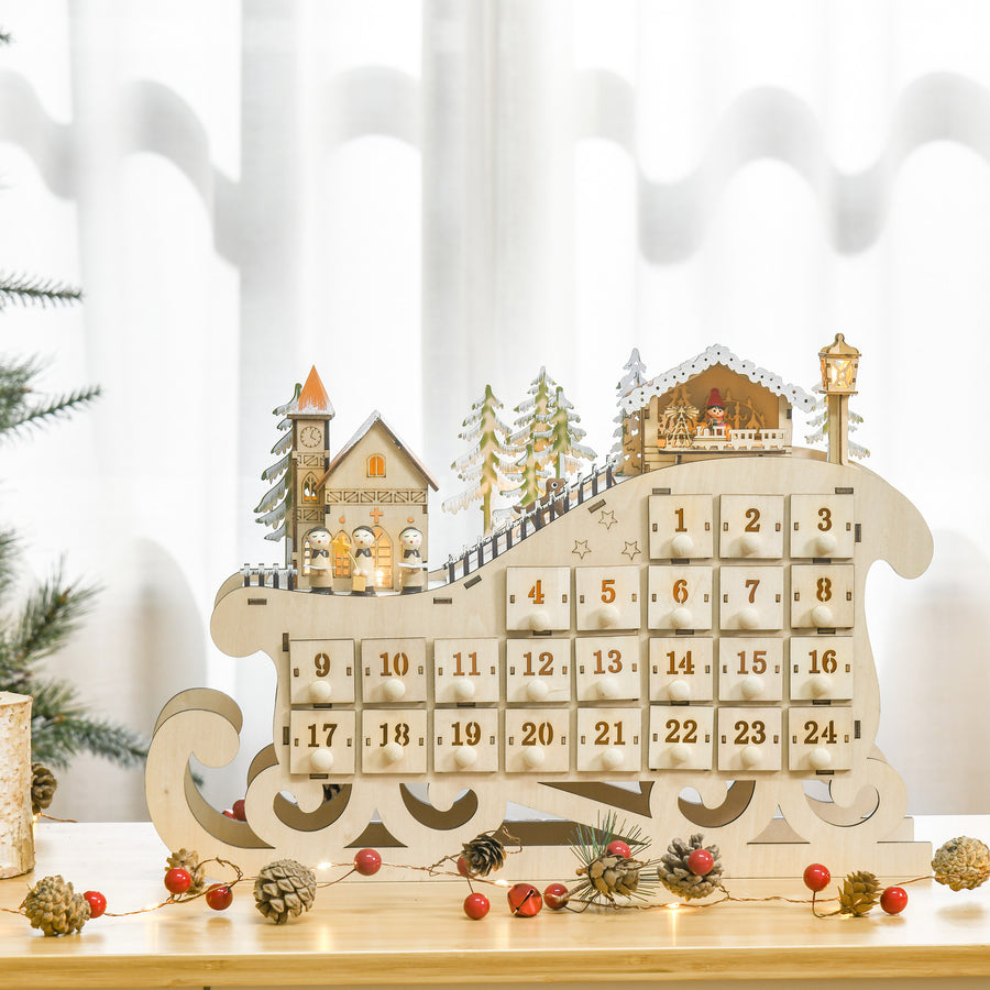 Christmas Advent Calendar, 2021 Light Up Table Xmas Wooden Sleigh Holiday Decoration with Countdown Drawer, Village, for kids Adults, Natural Wood Color