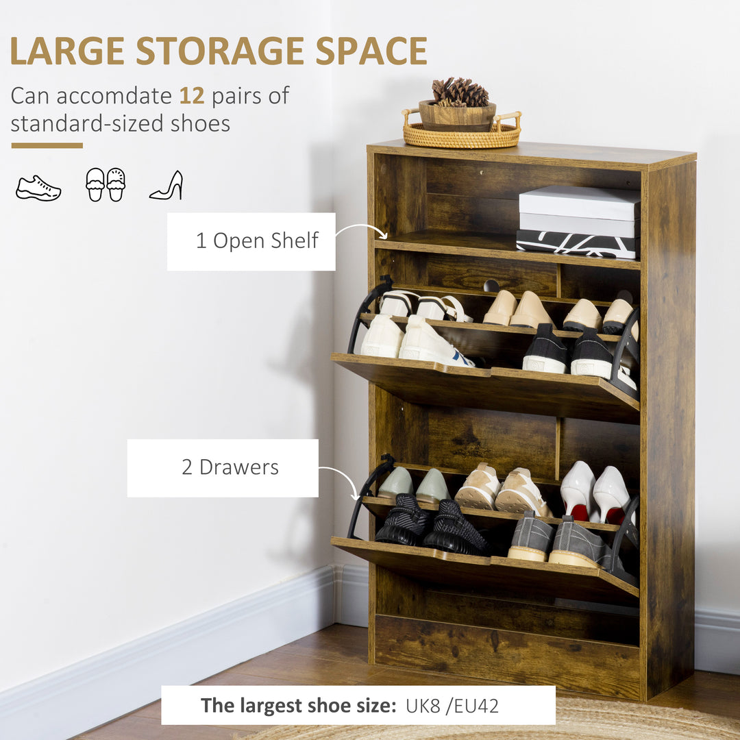 Shoe Cabinet with 2 Flip Doors, Slim 2-Drawer Shoe Cupboard with Adjustable Divider and Open Compartment for 12 Pairs of Shoes, Entryway Storage Unit, Rustic Brown
