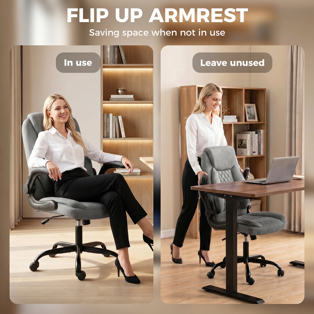 Linen-Look Computer Desk Chair, Executive Office Chair with Flip-Up Ar