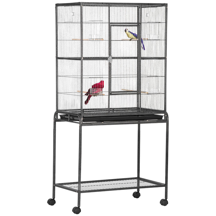 MCL Large Bird Cage Budgie Cage with Stand, Storage Shelf, Wood Perch for Parrot Canary Parakeet Cockatiels, 81 x 48 x 162.5 cm