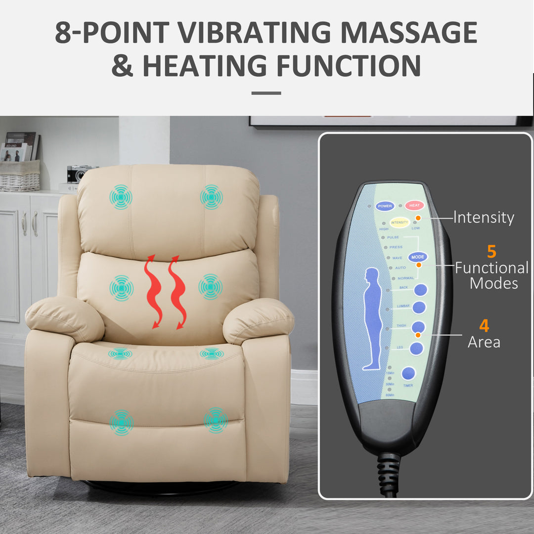 PU Leather Reclining Chair with 8 Massage Points and Heat, Manual Recliner with Swivel Base, Footrest and Remote, Beige