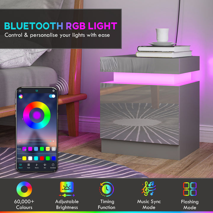 Grey Bedside Table with LED Light, High Gloss Front Nightstand with 2 