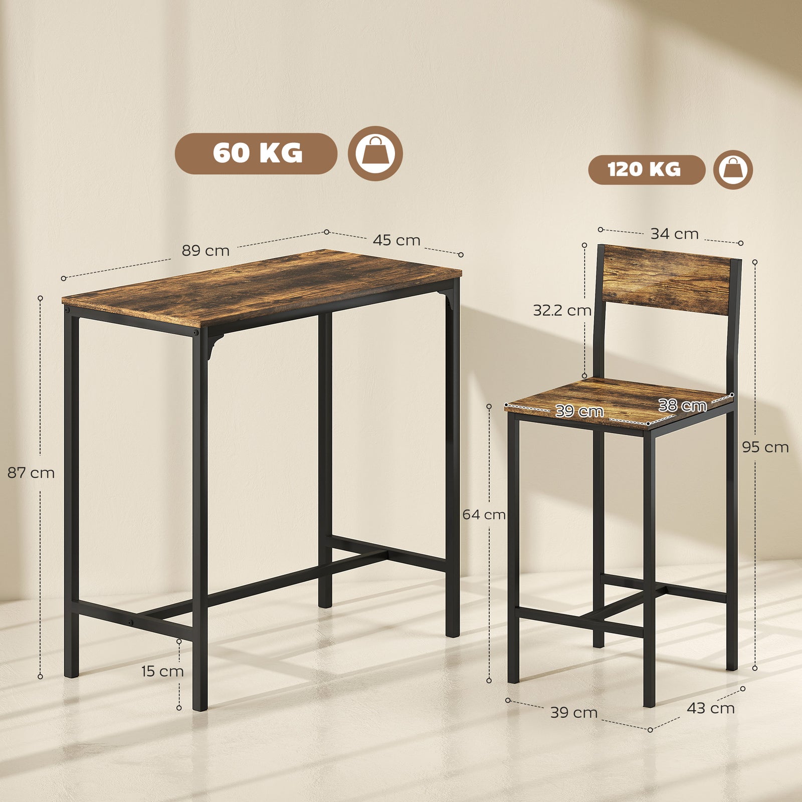 3-Piece Bar Table Set with 2 Stools, Industrial Breakfast Bar Set with