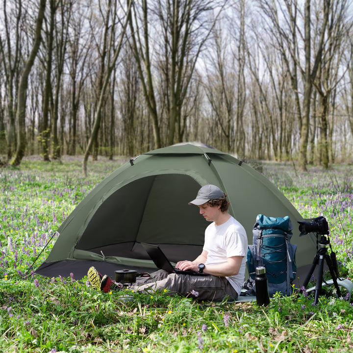 2 Person Camping Tent, Camouflage Tent with Zipped Doors, Storage Pocket, Portable Handy Bag, Dark Green