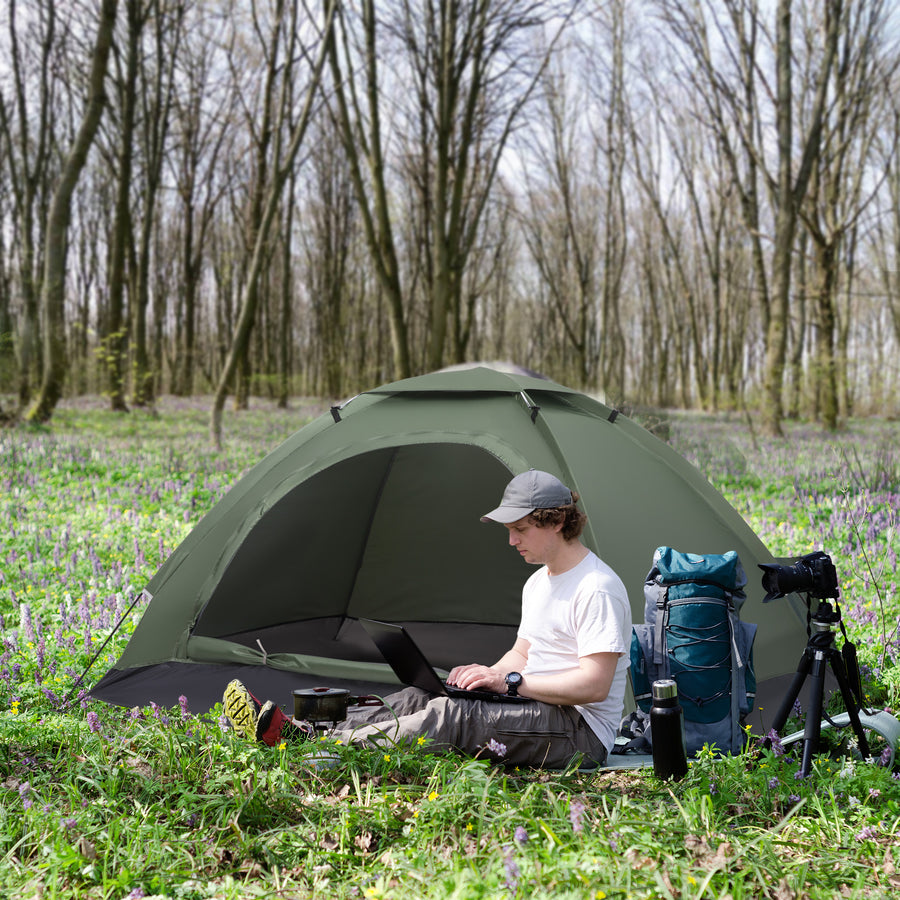 2 Person Camping Tent, Camouflage Tent with Zipped Doors, Storage Pocket, Portable Handy Bag, Dark Green