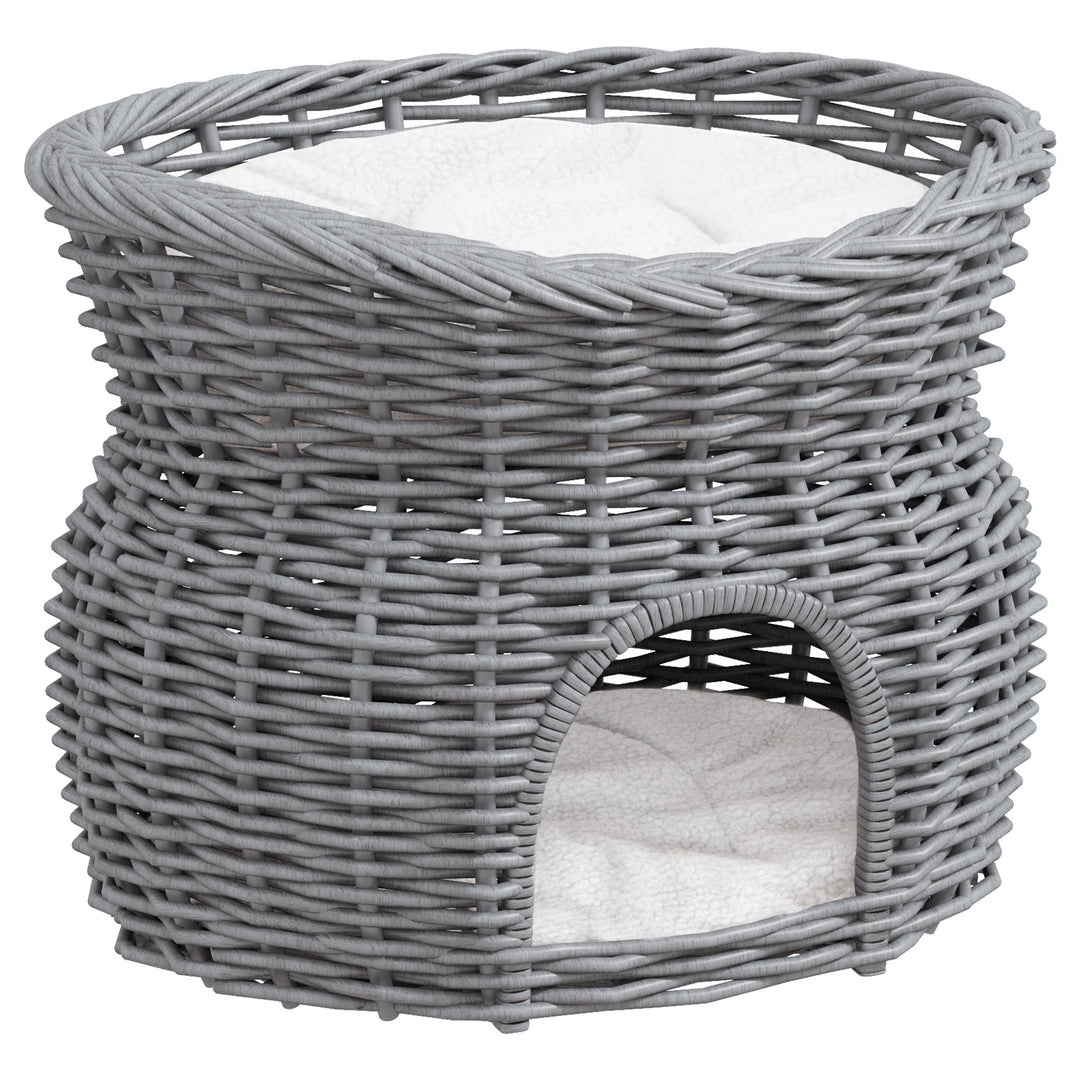 MCL 2-Tier Wicker Cat House Elevated Pet Bed Basket Willow Kitten Tower Pet Den. with Washable Cushions 56x37x40cm Grey