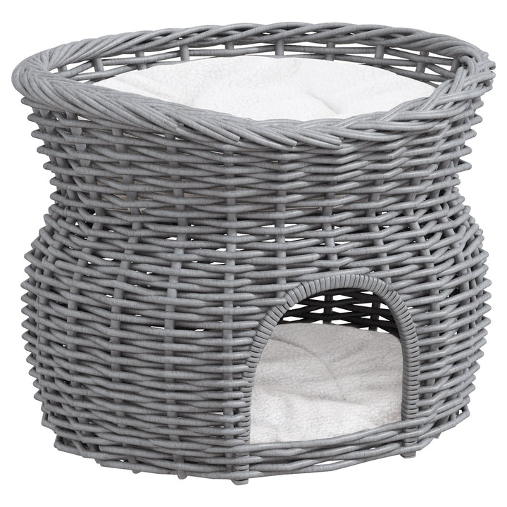 MCL 2-Tier Wicker Cat House Elevated Pet Bed Basket Willow Kitten Tower Pet Den. with Washable Cushions 56x37x40cm Grey
