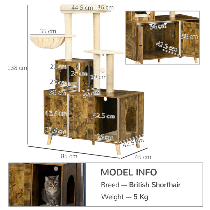 PawHut Cat Litter Box Enclosure, with Tree Tower, Cat House, Hammock, Cushion - Rustic Brown | Aosom UK