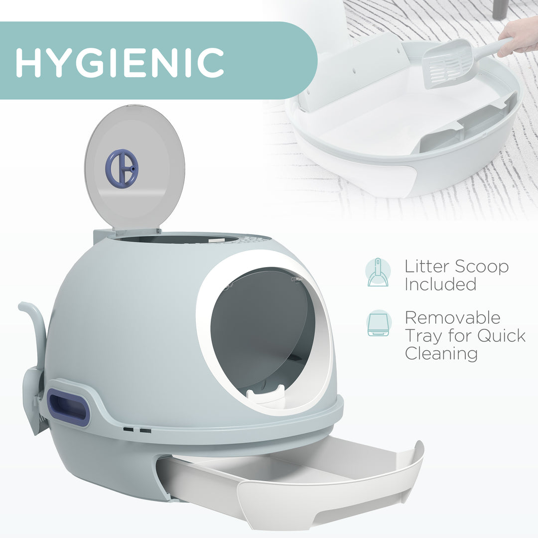 Cat Litter Box Toilet with Litter Scoop Enclosed Drawer, Front Entry Top Exit, Easy To Clean Blue