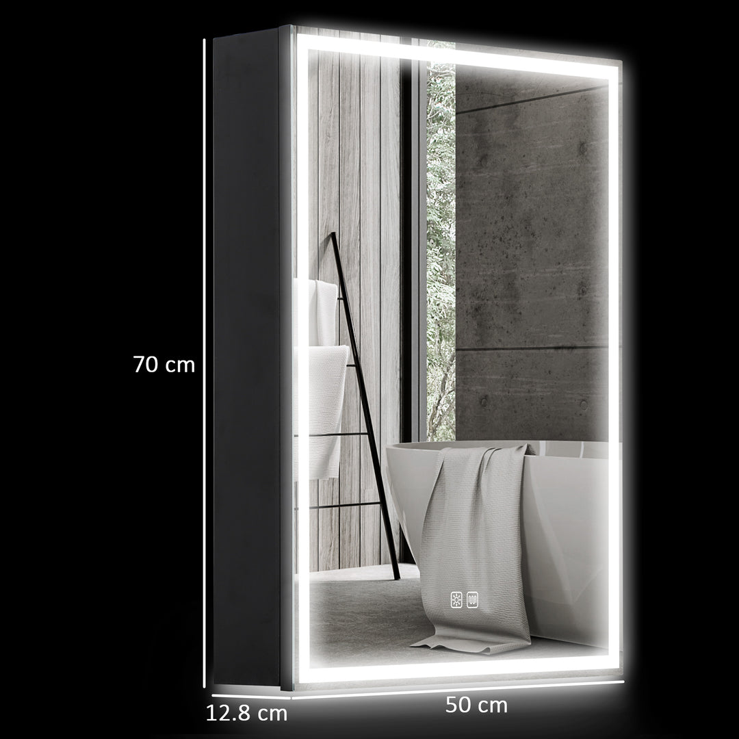Bathroom Mirror Cabinet with LED Lights and Shaver Socket, 500 x 700 mm Wall Mounted Bathroom Cabinet with Mirror, Demister Pad, Dimmer, 3 Colours, Medicine Cabinet, Black