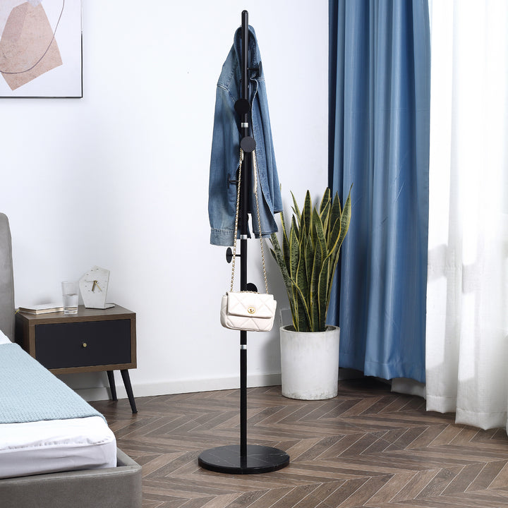 Coat Rack Free Standing Hall Tree with 8 Round Disc Hooks for Clothes, Hats,Purses, Steel Entryway Coat Stand with Marble Base for Entryway, Living Room, Bedroom, Black