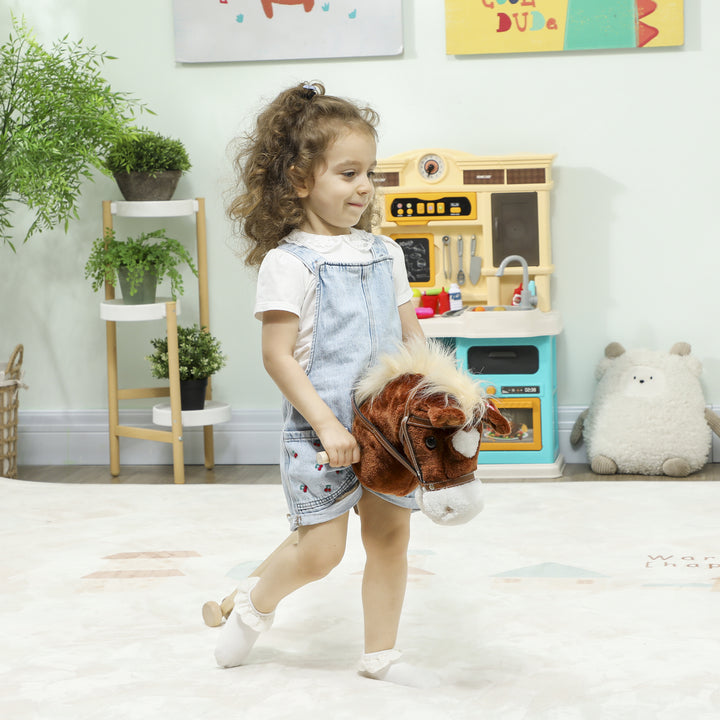 Stick Horse with Wood Wheels, Real Pony Neighing and Galloping Sounds, Grip Handle, 95 cm