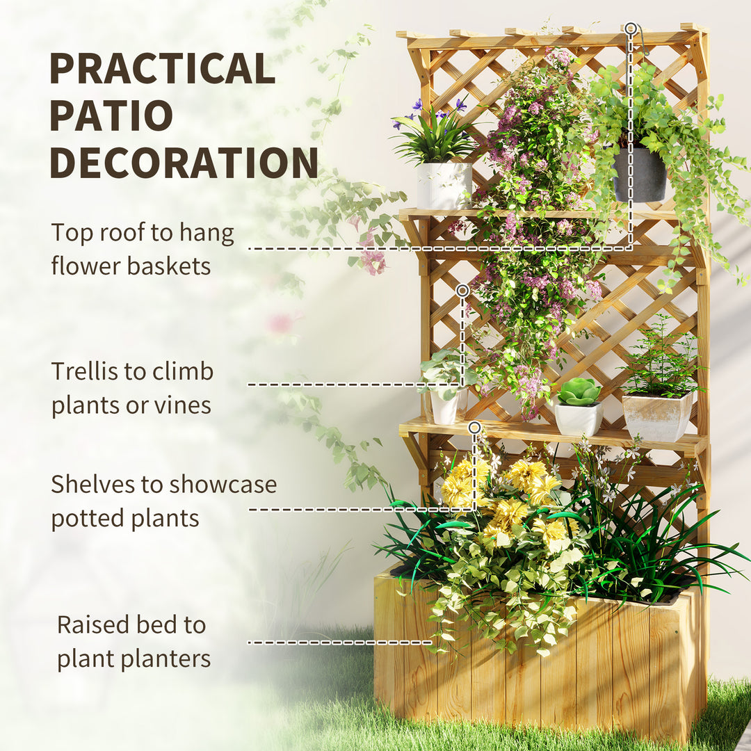 52L Wooden Planter, with Trellis and Shelves - Natural Finish