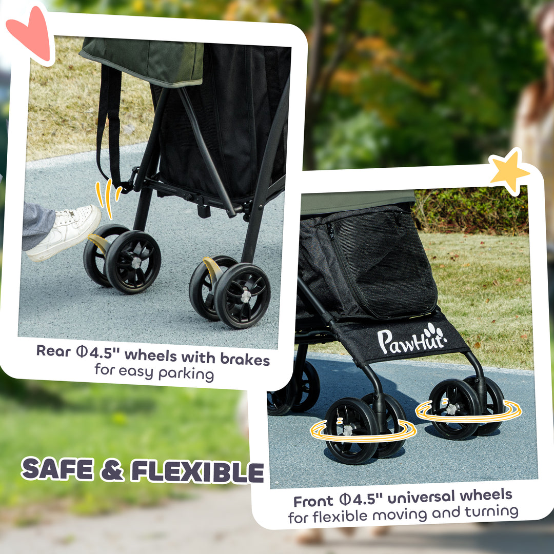 Foldable Dog Stroller, Lightweight Dog Pram w/ Shoulder Strap, Storage Bag, Cup Holder, Dark Green