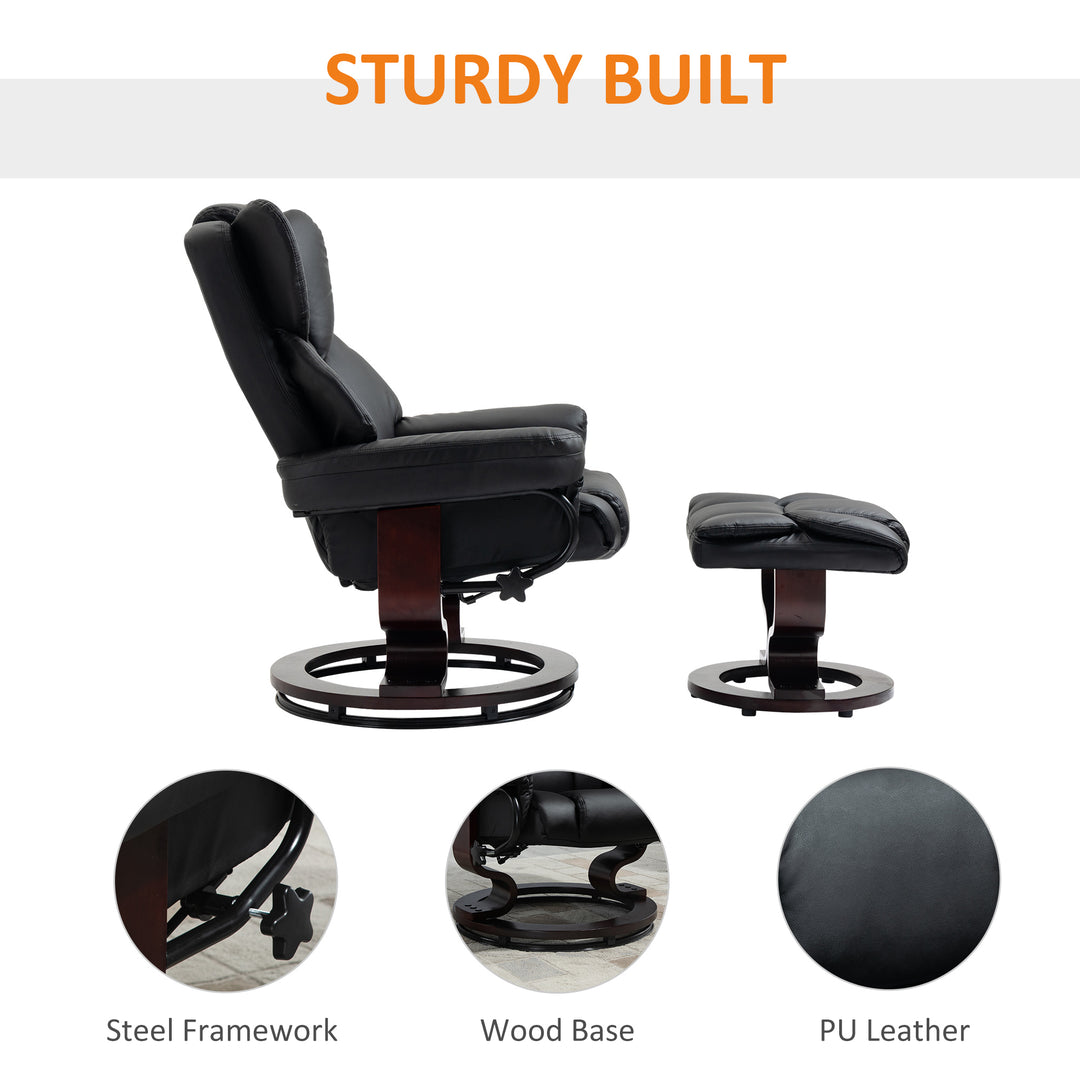 360° Swivel Recliner Chair with Footstool, PU Leather Manual Recliner Armchair with Solid Wood Base, Upholstered Reclining Chair for Living Room, Bedroom, Office, Black