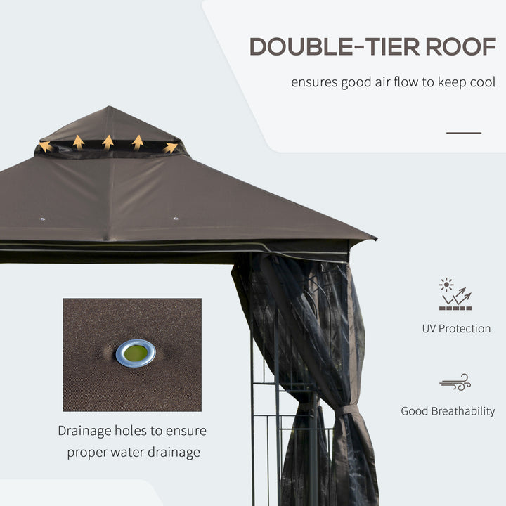 Outsunny Gazebo Garden Outdoor Canopy Double Tier Roof with Removable Mesh Curtains Display Shelves Top Hooks