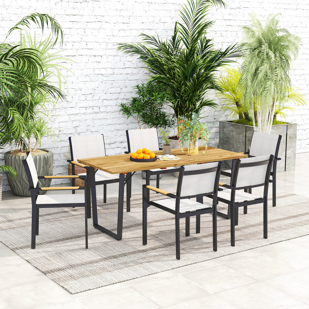 6 Seater Wooden Garden Dining Table, 175 x 80 cm Rectangular Outdoor Dining Table with 5cm Parasol Hole and Slatted Top, Weather Resistant for Patio, Terrace, Brown