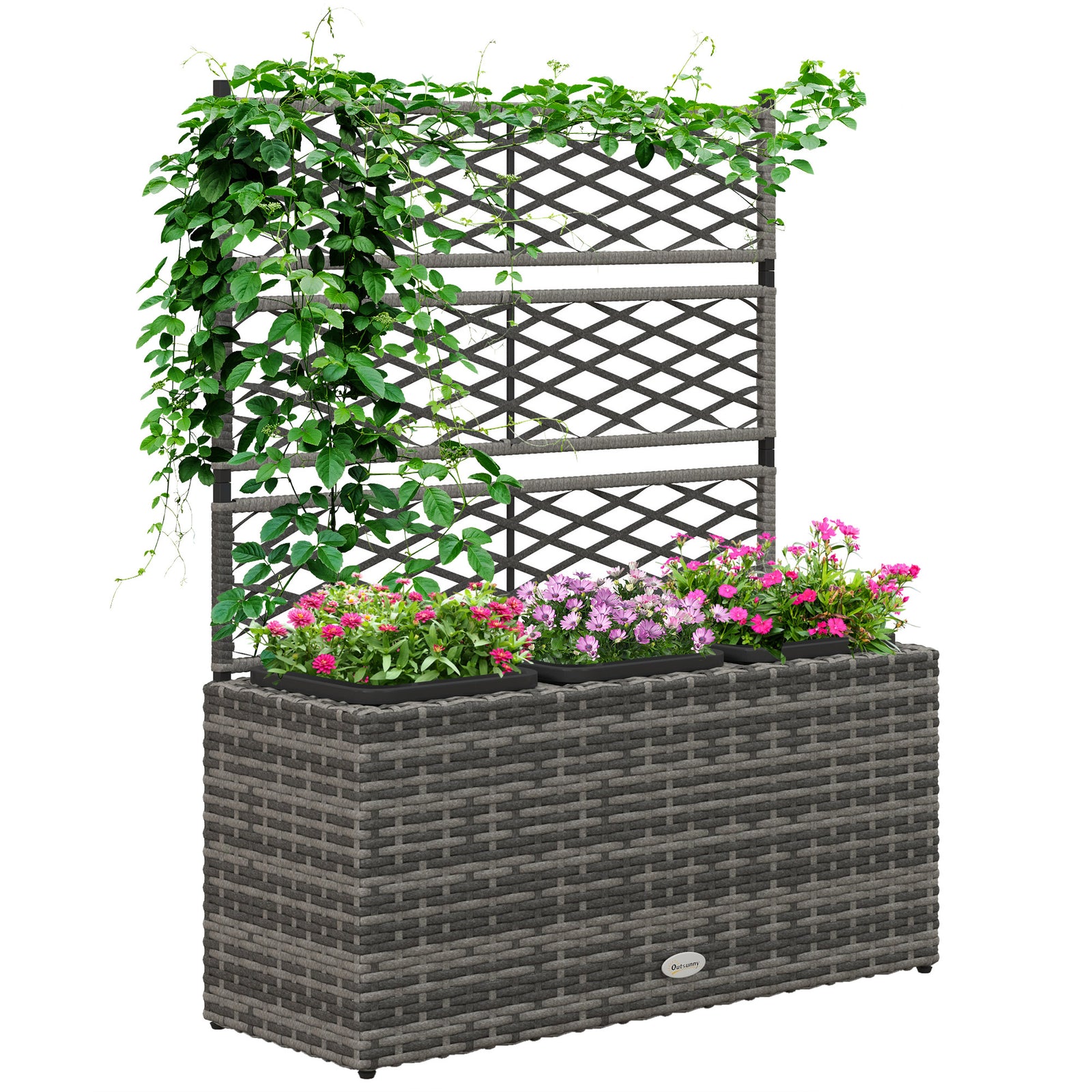 33L Garden PE Rattan Planter with Trellis, Free Standing Flower Raised Bed for Garden, Garden Planter for Climbing Plants, 84cm x 30cm x 107cm, Light Grey