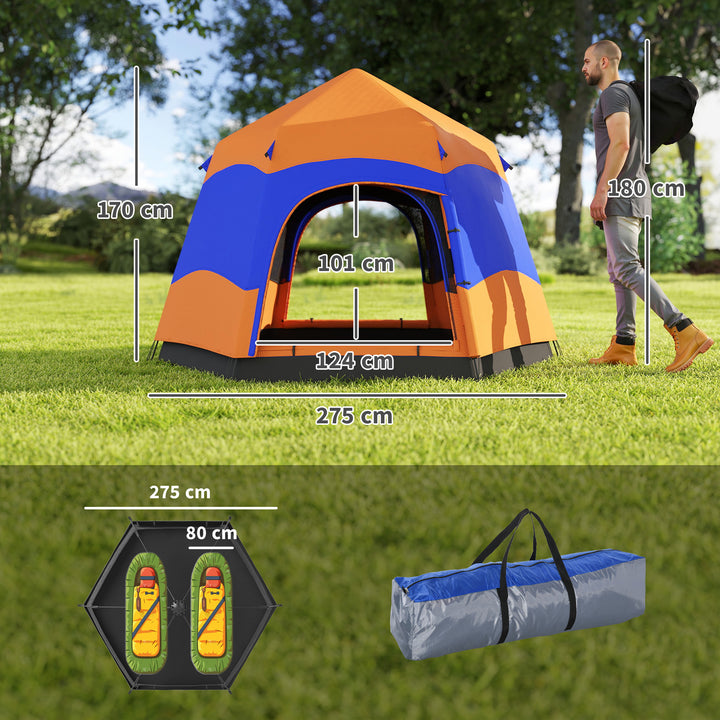 Six Man Hexagon Camping Tent with Hang Hook and Carry Bag - Orange and Blue