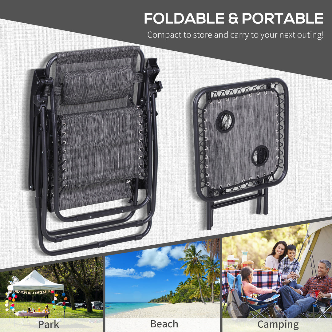 MCL 3pcs Folding Zero Gravity Chairs Sun Lounger Table Set w/ Cup Holders Reclining Garden Yard Pool, Light Grey