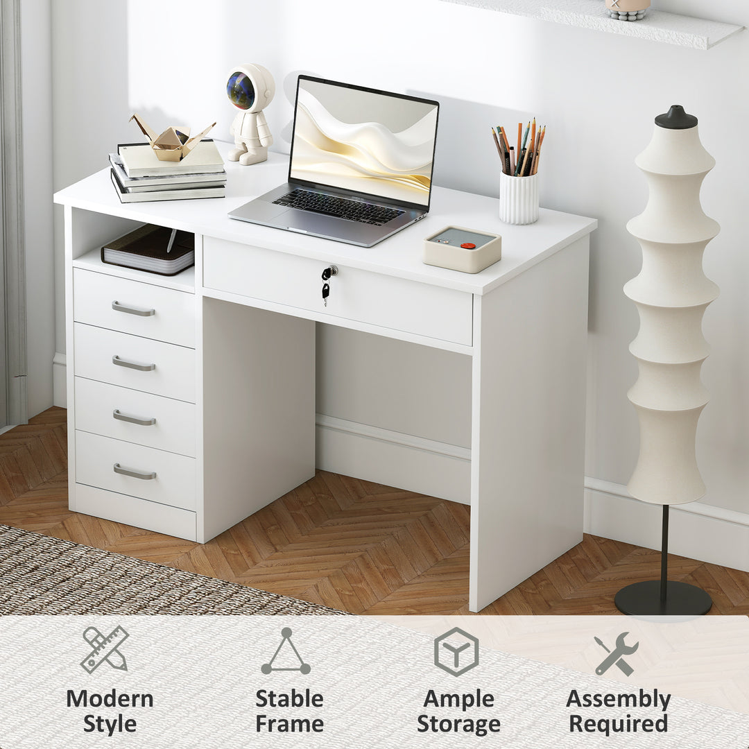 Computer Desk, Home Office Desk with Lockable Drawer, Storage Shelf for Study Bedroom, 110 x 50 x 76 cm, White