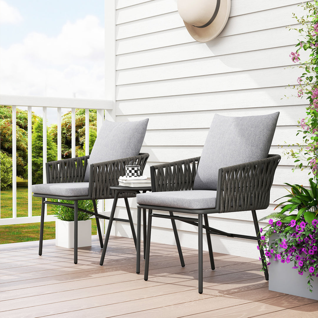 3-Piece Rattan Bistro Set, Garden Table and Chairs with 4 Cushions, Patio Rattan Conversation Furniture Set for Balcony, Porch, Terrace, Grey