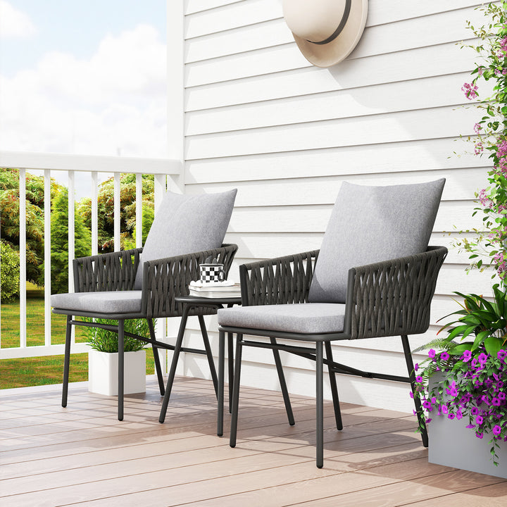 3-Piece Rattan Bistro Set, Garden Table and Chairs with 4 Cushions, Patio Rattan Conversation Furniture Set for Balcony, Porch, Terrace, Grey