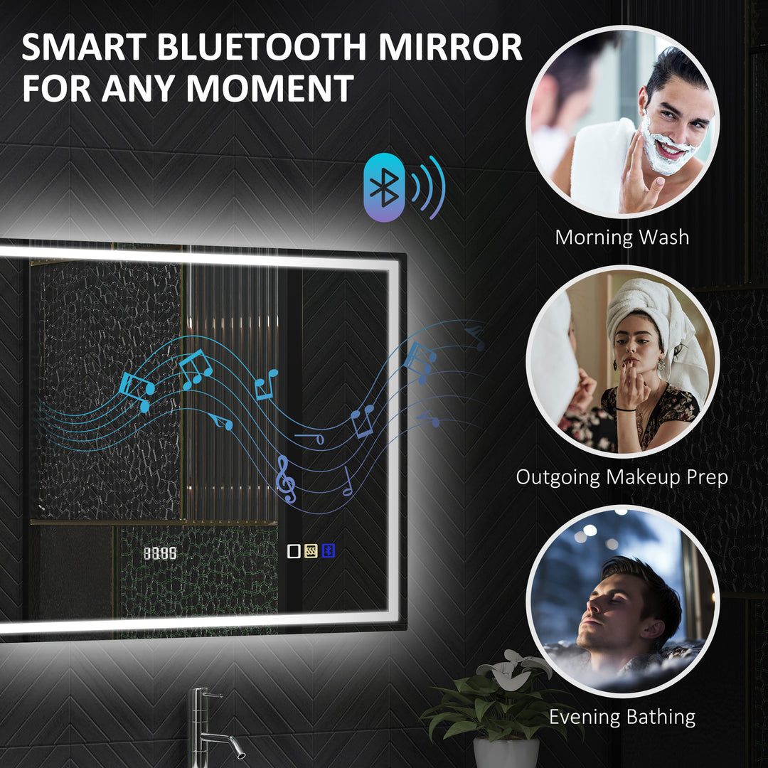 60 x 80 cm Anti-Fog LED Bathroom Mirror, with Bluetooth and Clock - Silver Tone