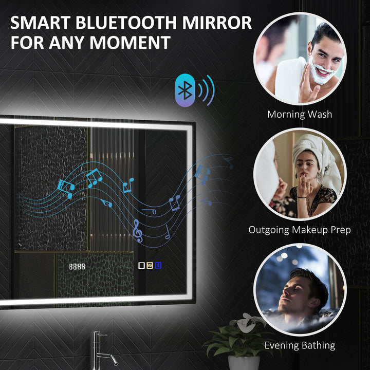 60 x 80 cm Anti-Fog LED Bathroom Mirror, with Bluetooth and Clock - Silver Tone