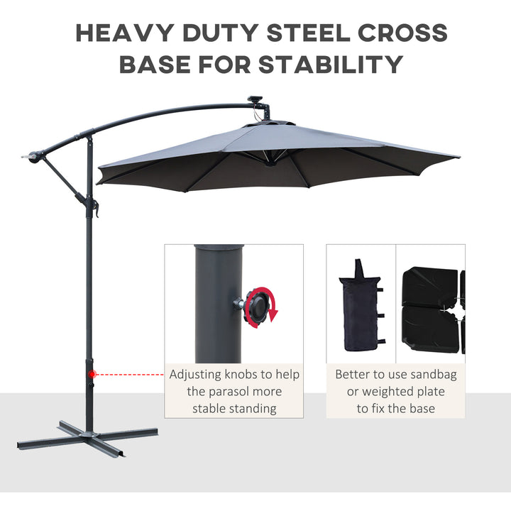 Outsunny LED Banana Parasol, 3m Garden Cantilever Umbrella with Solar Lights, Crank Handle & Cross Base, Grey