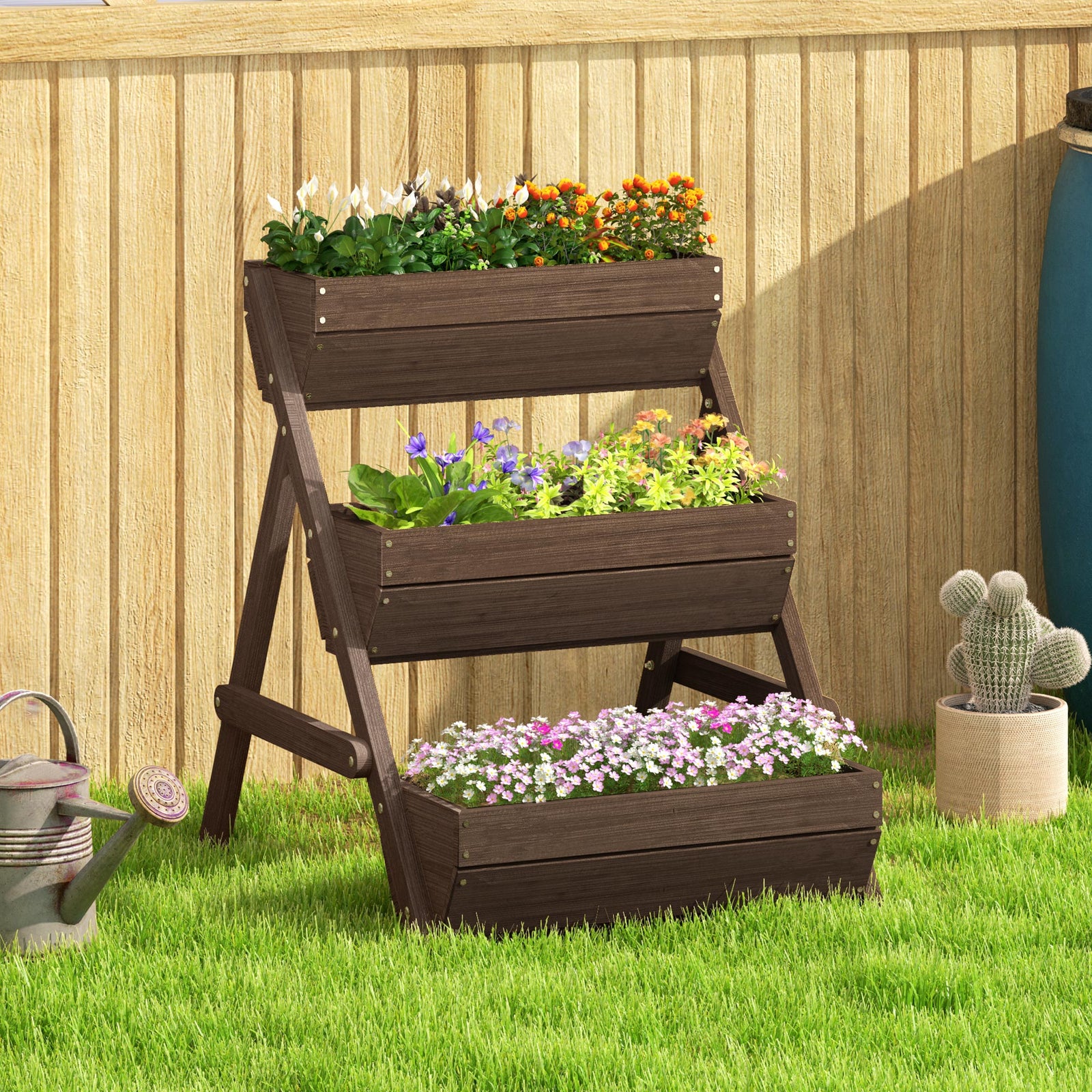 3 Tier Raised Garden Bed Wooden Elevated Planter Box Kit, 66L for Flower, Vegetable, Herb, 65x75x78cm, Tan