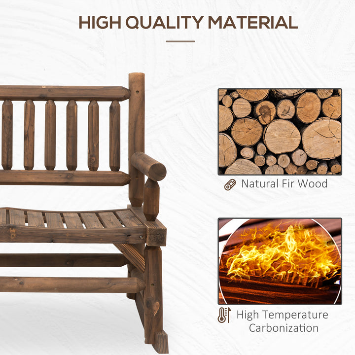 Garden 2-Seater Rocking Bench Wood Frame Rough-Cut Log Loveseat Slatted High Back Rustic Style with Armrests Garden Outdoor Furniture - Dark Stain Brown