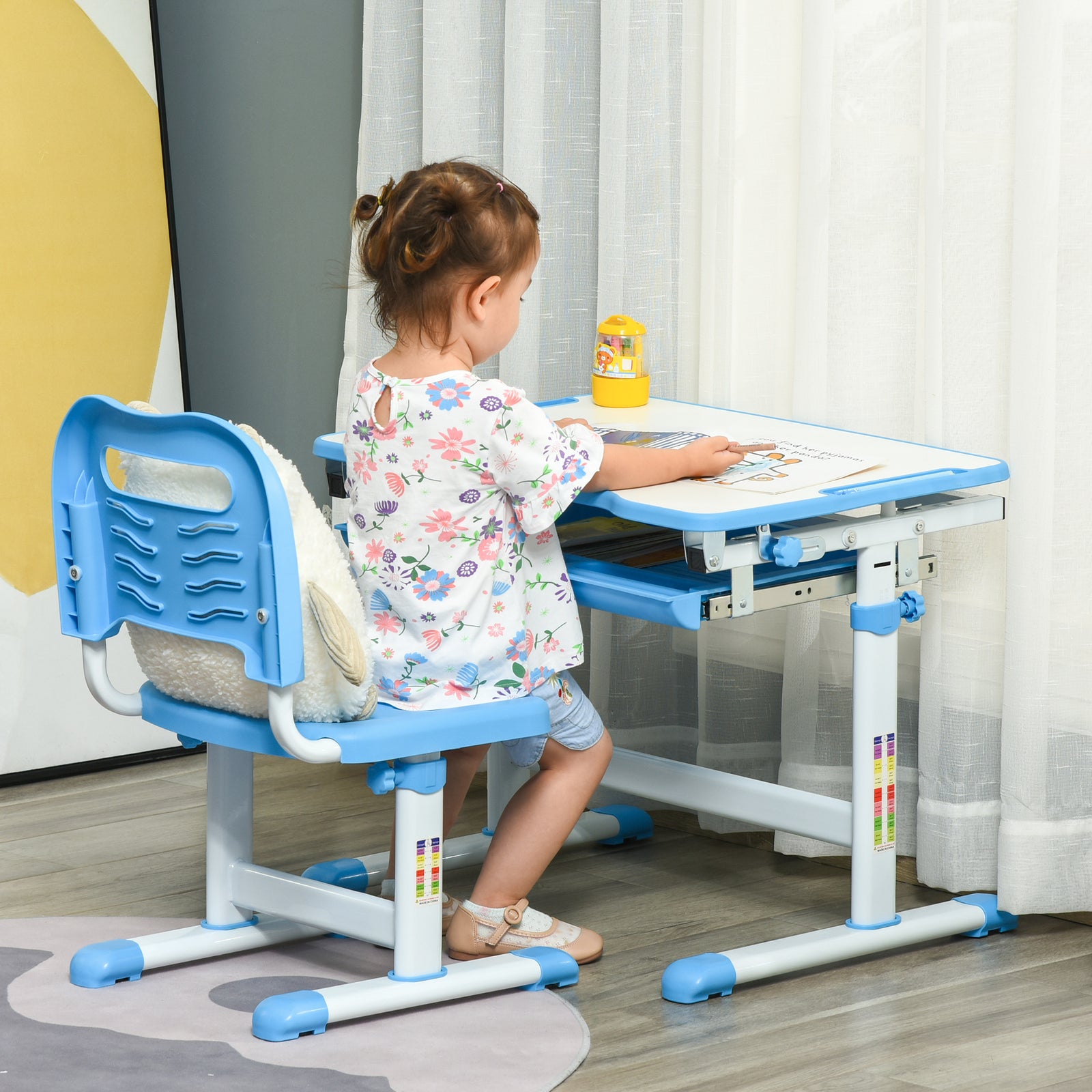 Kids Desk and Chair Set, Height Adjustable Student Writing Desk, Children School Study Table with Tiltable Desktop, Drawer, Pen Slot, Hook - Blue